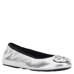Silver Colored Ballerinas with Logo Plaque on the Front and Elasticated Design in Leather Woman
