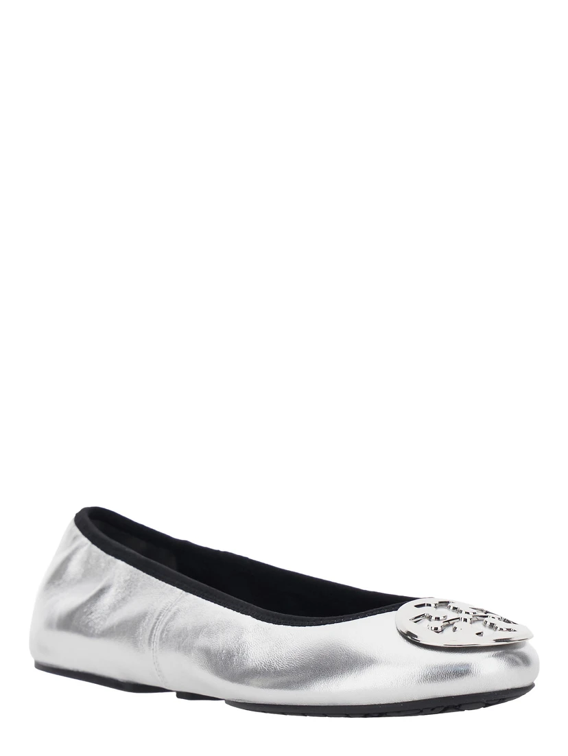 Silver Colored Ballerinas with Logo Plaque on the Front and Elasticated Design in Leather Woman