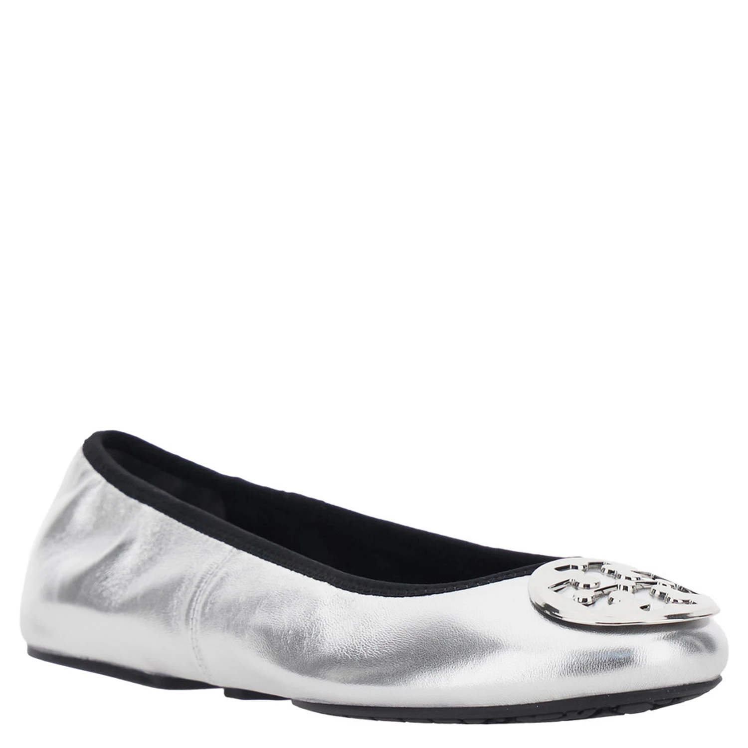 Silver Colored Ballerinas with Logo Plaque on the Front and Elasticated Design in Leather Woman
