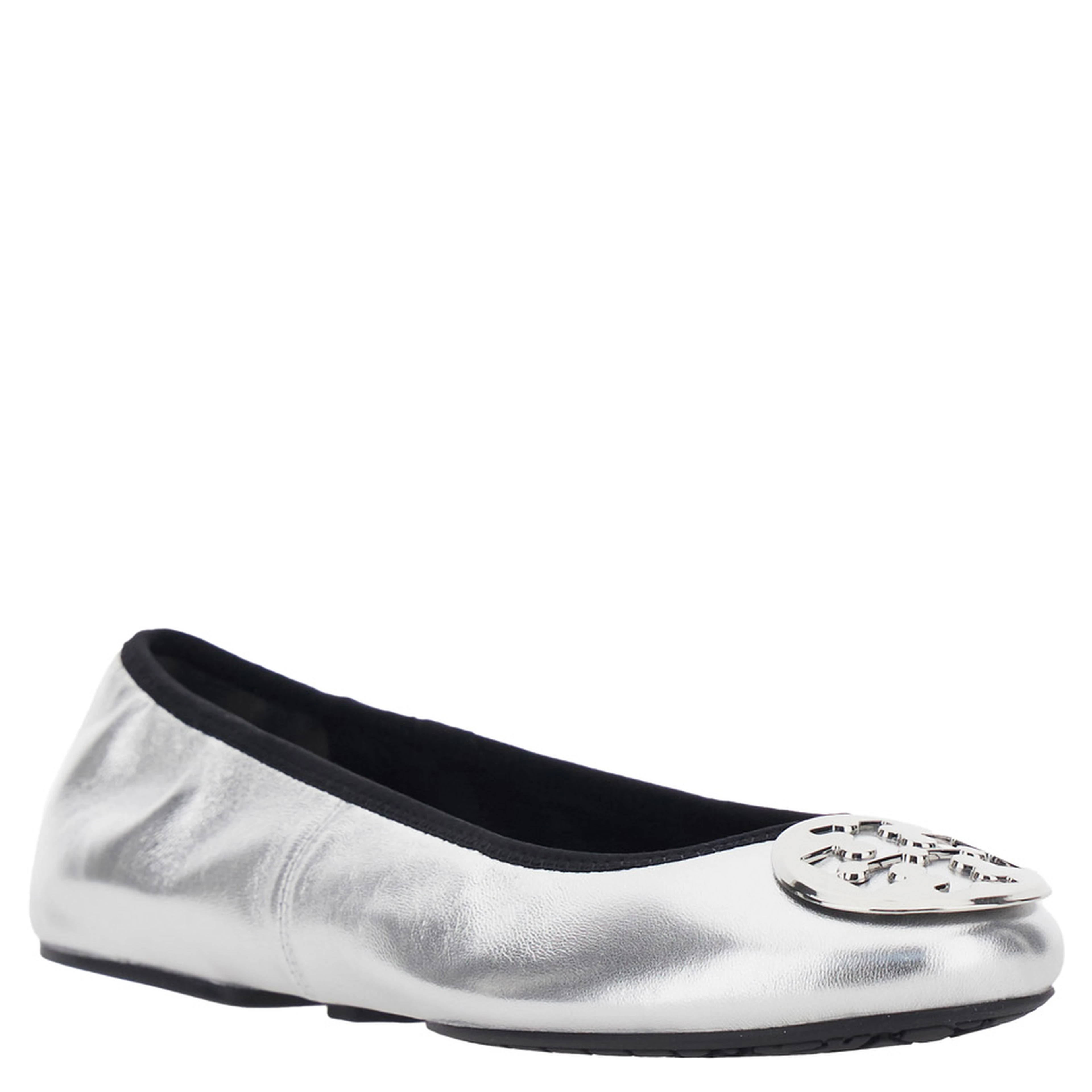 Silver Colored Ballerinas with Logo Plaque on the Front and Elasticated Design in Leather Woman