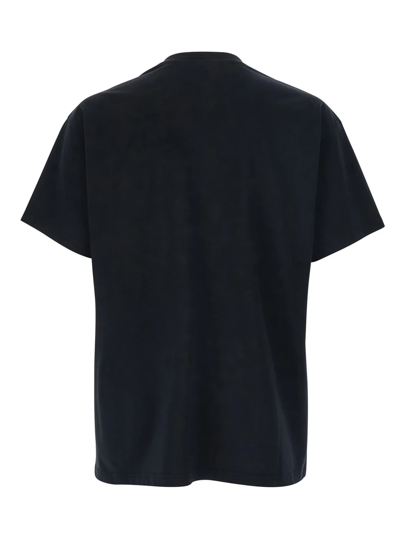 Black Crew Neck T-Shirt with Chest Logo Patch in Cotton Man