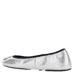 Silver Colored Ballerinas with Logo Plaque on the Front and Elasticated Design in Leather Woman