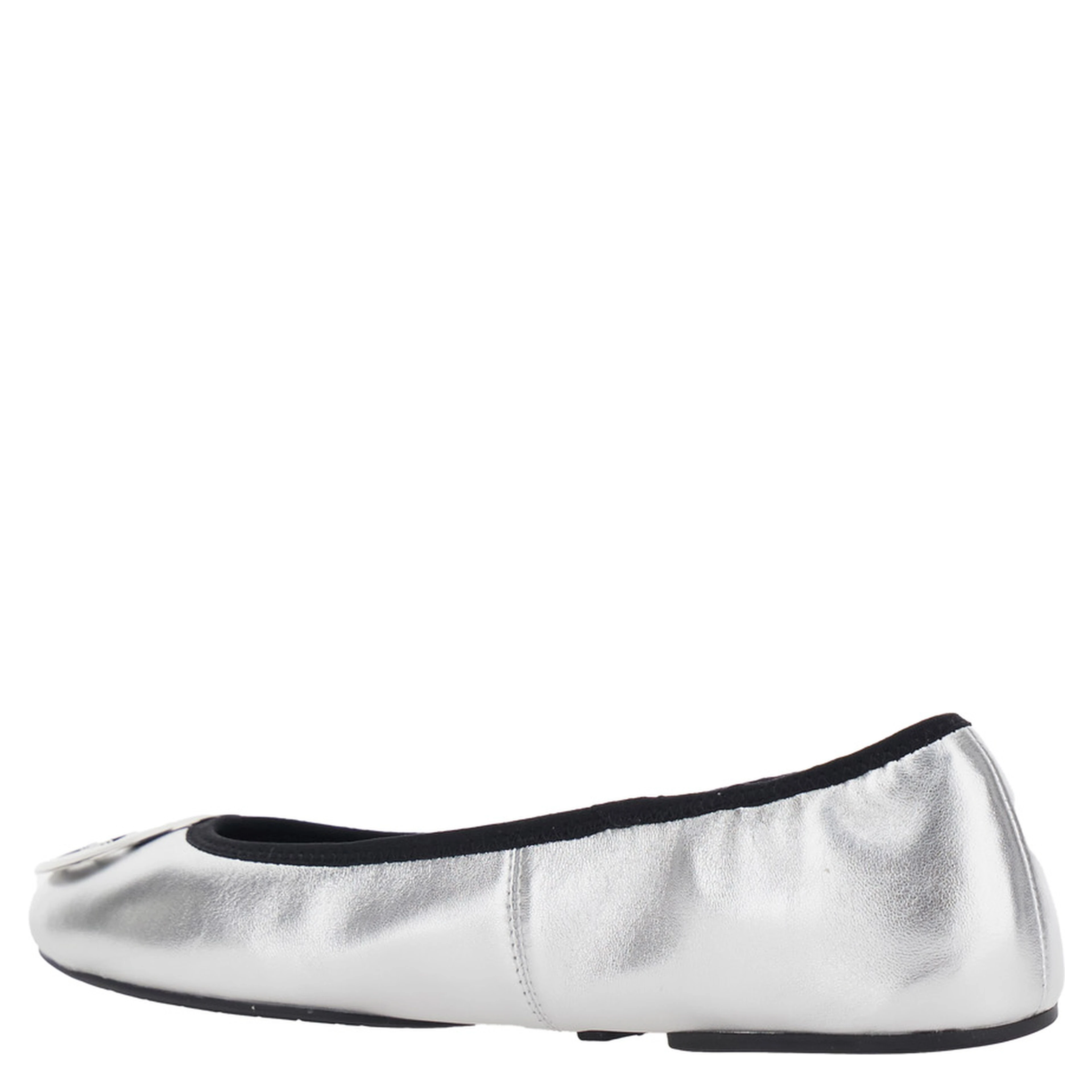Silver Colored Ballerinas with Logo Plaque on the Front and Elasticated Design in Leather Woman