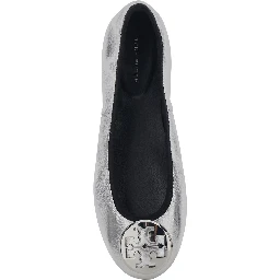 Silver Colored Ballerinas with Logo Plaque on the Front and Elasticated Design in Leather Woman