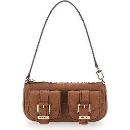 Zoe Brown Shoulder Bag with Pockets and Straps on the Front in Hammered Leather Woman