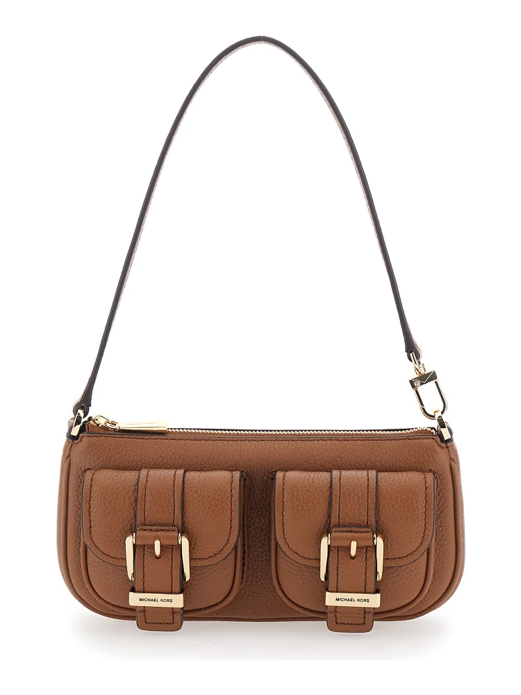 Zoe Brown Shoulder Bag with Pockets and Straps on the Front in Hammered Leather Woman