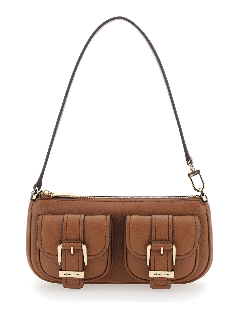 Zoe Brown Shoulder Bag with Pockets and Straps on the Front in Hammered Leather Woman