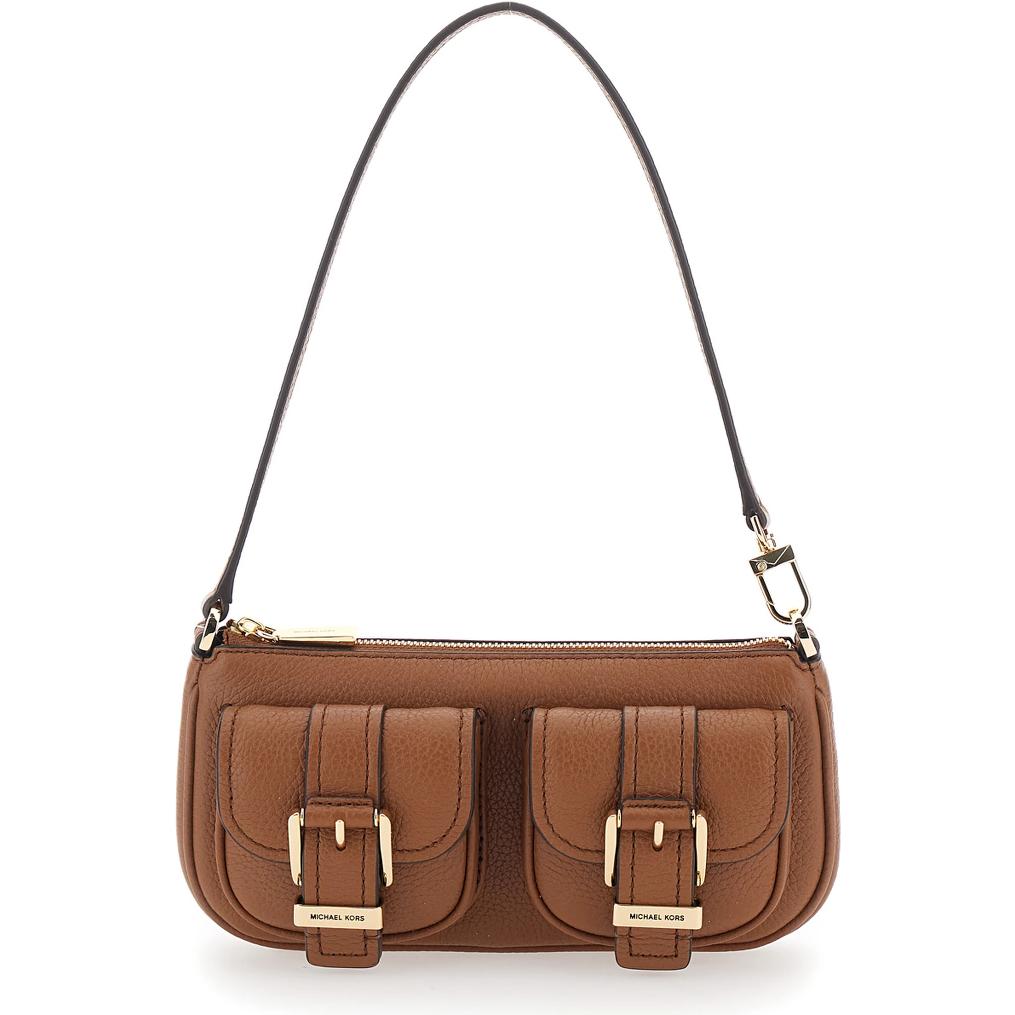 Zoe Brown Shoulder Bag with Pockets and Straps on the Front in Hammered Leather Woman