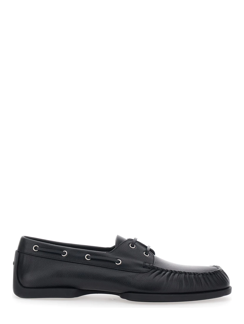 Black Loafers with Ruched Details and Almond Toe in Leather Man