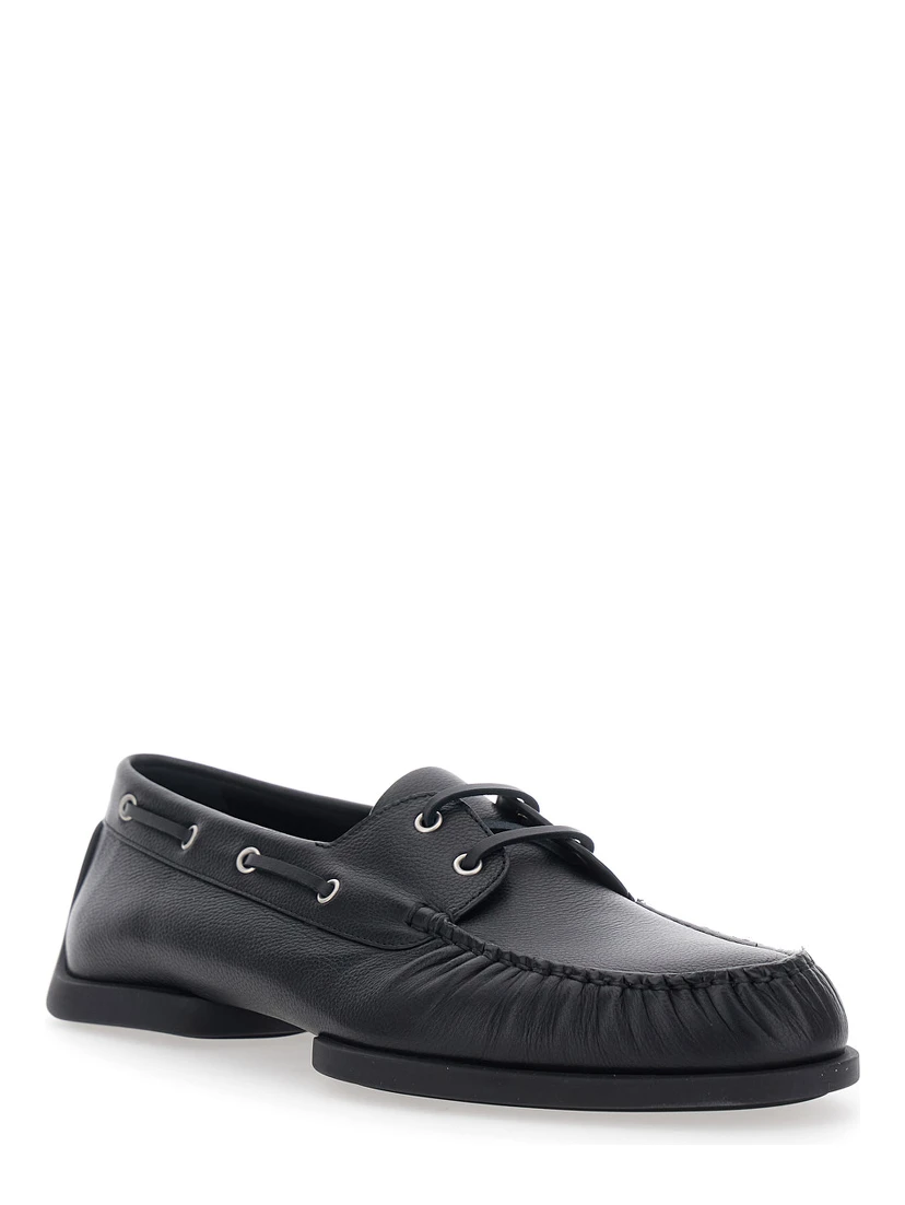 Black Loafers with Ruched Details and Almond Toe in Leather Man