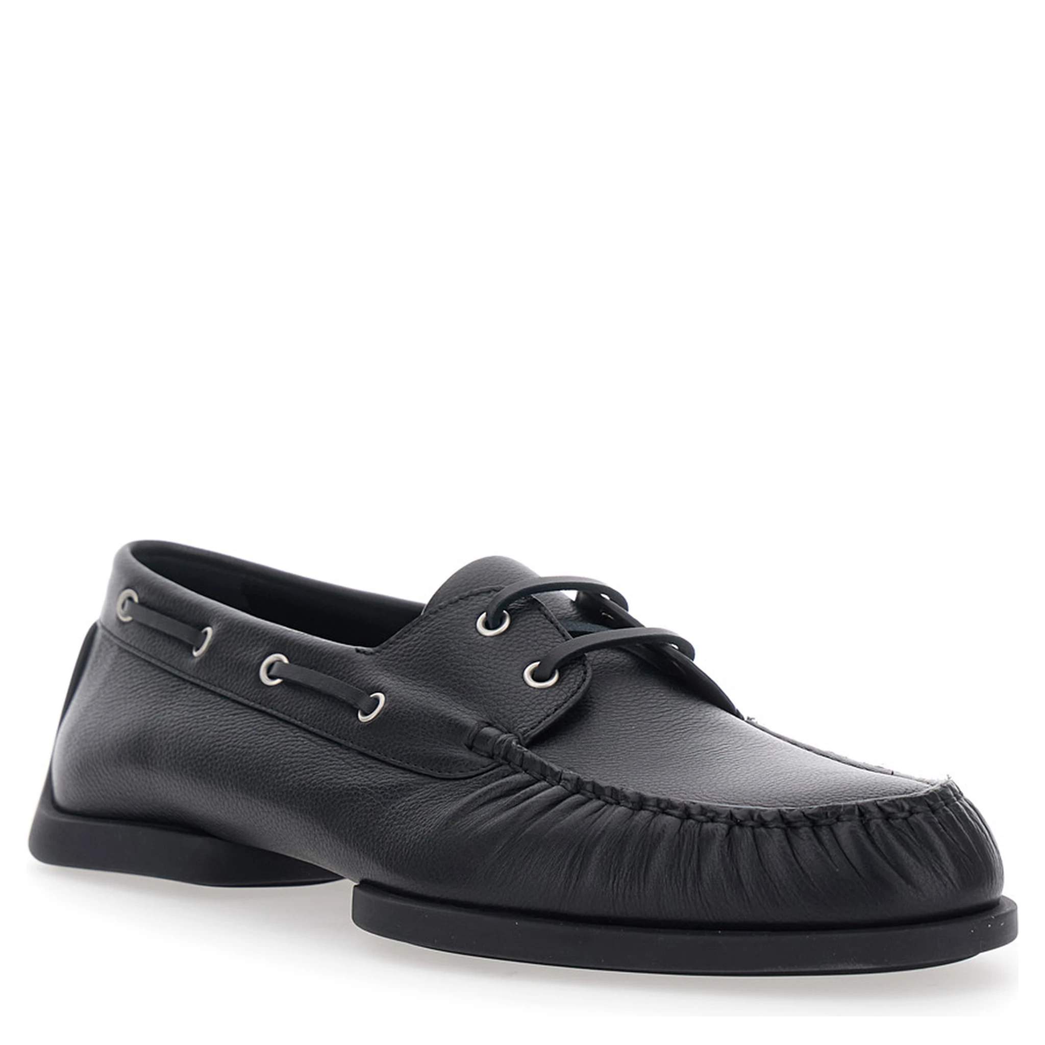 Black Loafers with Ruched Details and Almond Toe in Leather Man