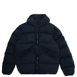 Blue Down Jacket with Fixed Hood and Logo Patch on the Sleeve in Tech Fabric Boy