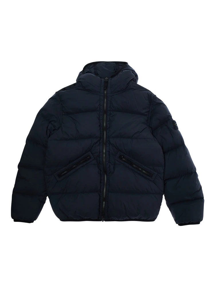 Blue Down Jacket with Fixed Hood and Logo Patch on the Sleeve in Tech Fabric Boy