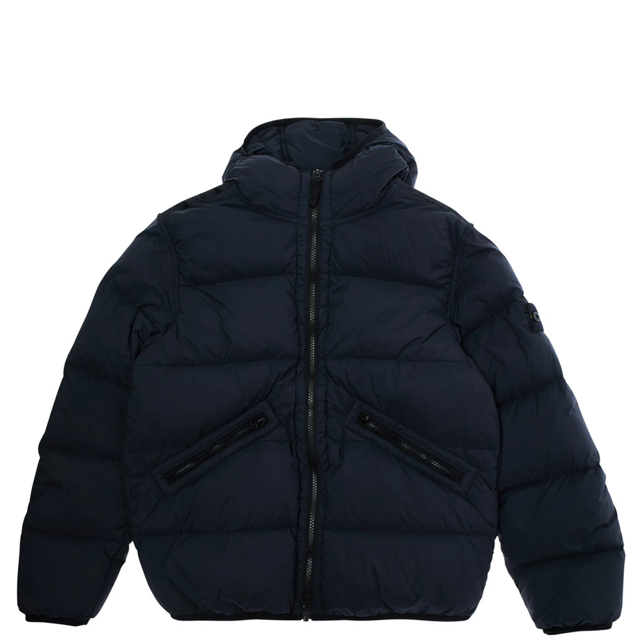 Blue Down Jacket with Fixed Hood and Logo Patch on the Sleeve in Tech Fabric Boy