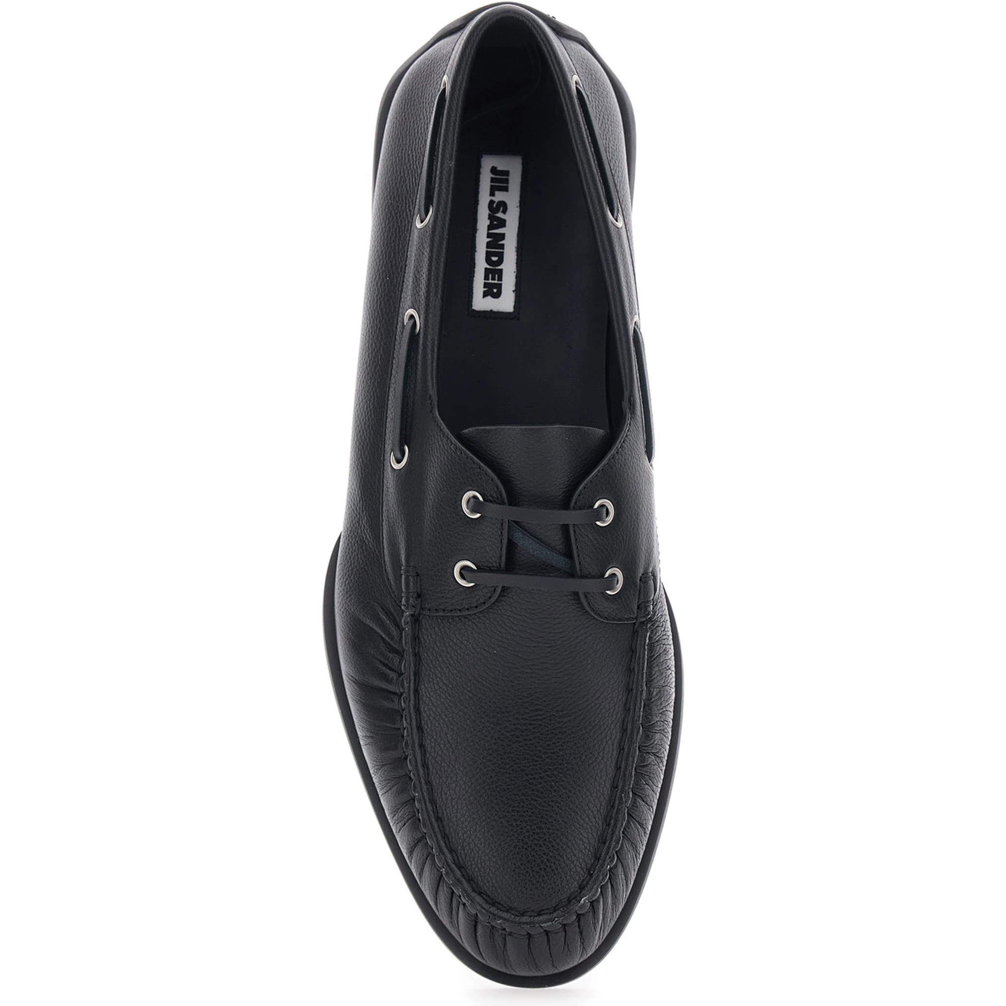 Black Loafers with Ruched Details and Almond Toe in Leather Man