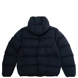 Blue Down Jacket with Fixed Hood and Logo Patch on the Sleeve in Tech Fabric Boy
