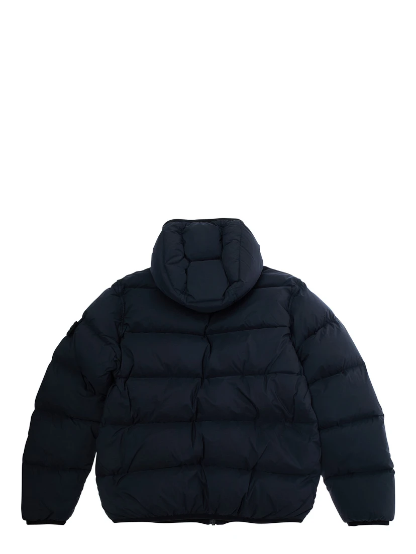 Blue Down Jacket with Fixed Hood and Logo Patch on the Sleeve in Tech Fabric Boy