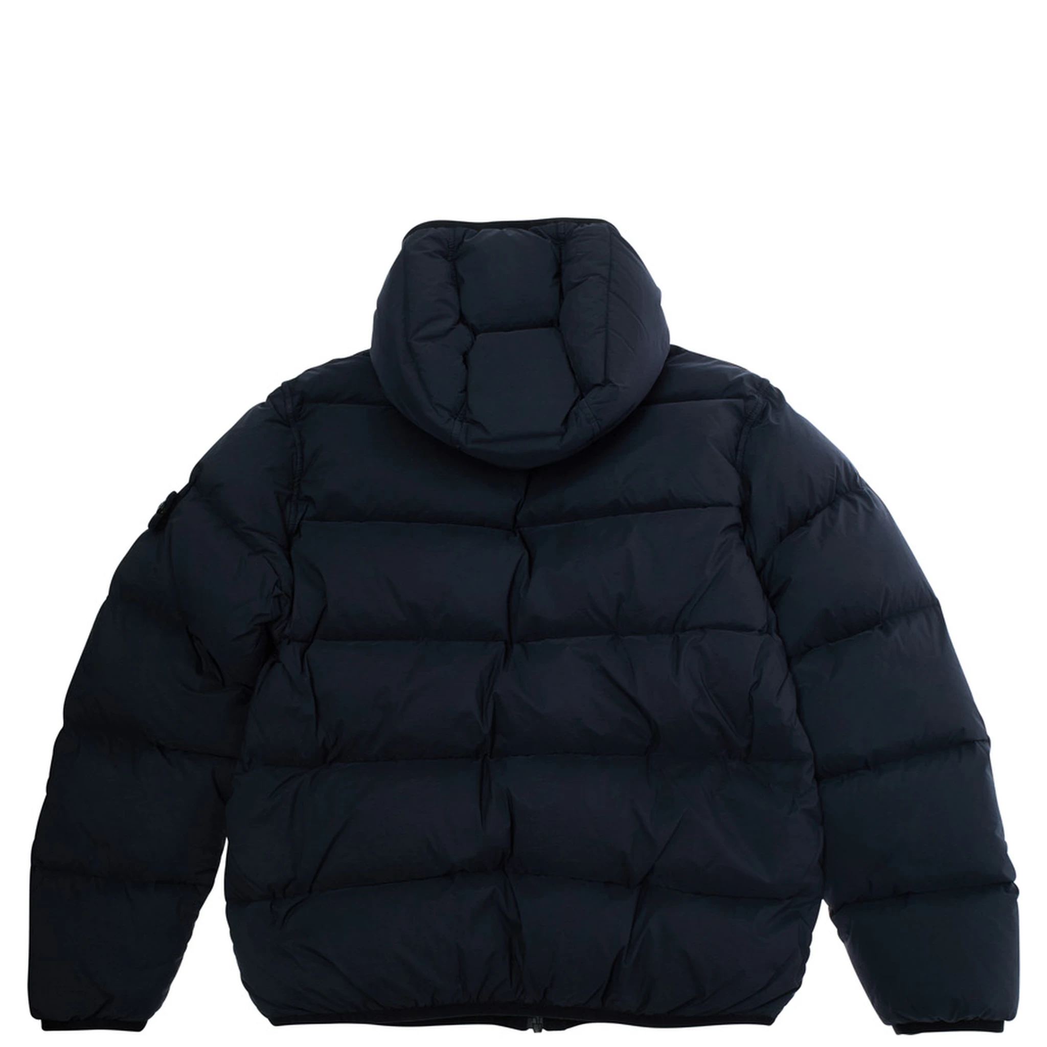 Blue Down Jacket with Fixed Hood and Logo Patch on the Sleeve in Tech Fabric Boy