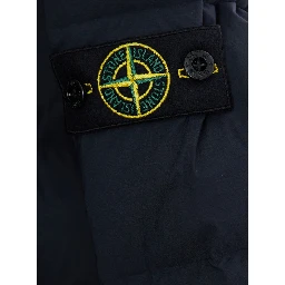 Blue Down Jacket with Fixed Hood and Logo Patch on the Sleeve in Tech Fabric Boy