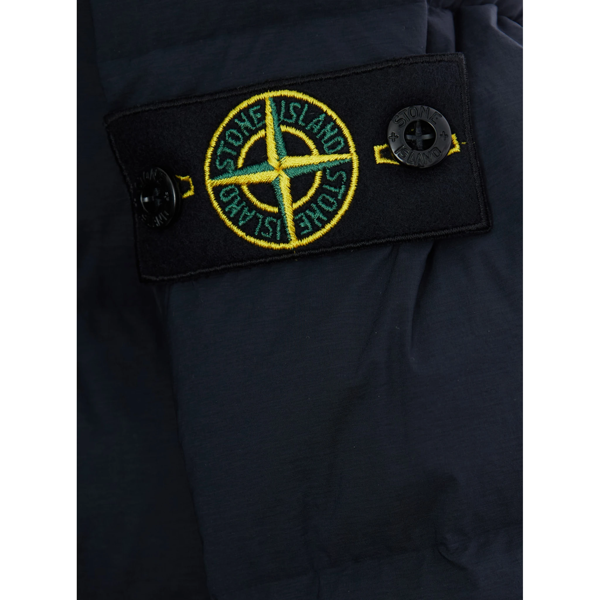 Blue Down Jacket with Fixed Hood and Logo Patch on the Sleeve in Tech Fabric Boy