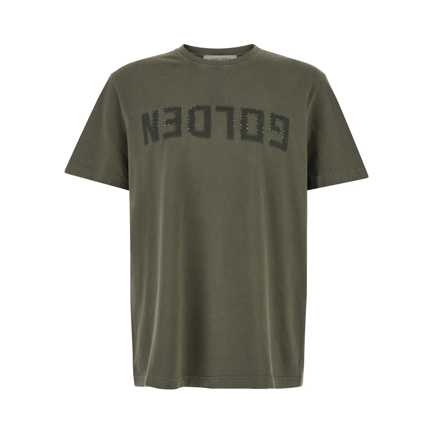 Green Crewneck T-Shirt with Logo on the Front and Logo Patch on the Front in Cotton Man
