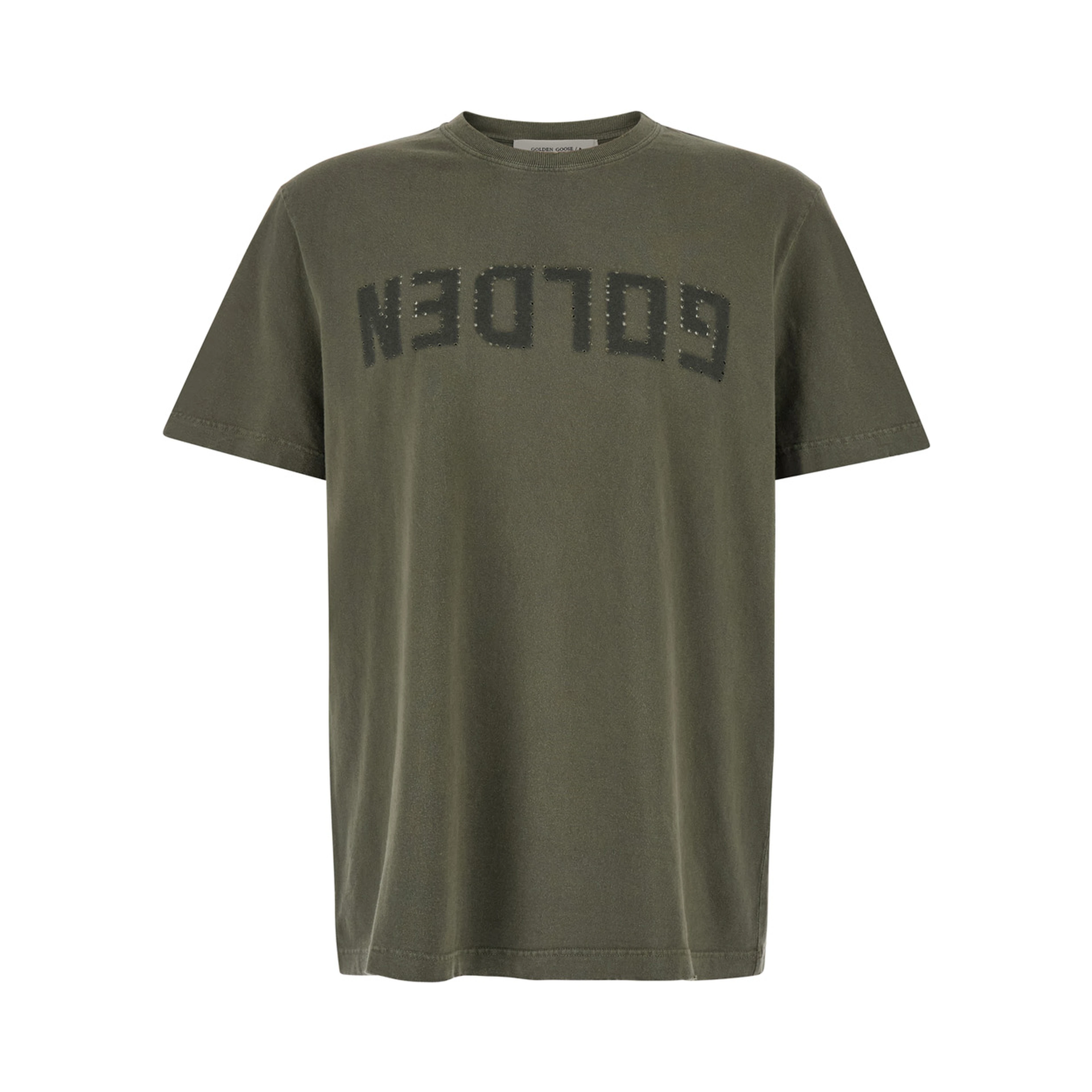 Green Crewneck T-Shirt with Logo on the Front and Logo Patch on the Front in Cotton Man