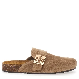 Mellow Beige Slip-On Mule with Metallic Logo Buckle in Suede Woman