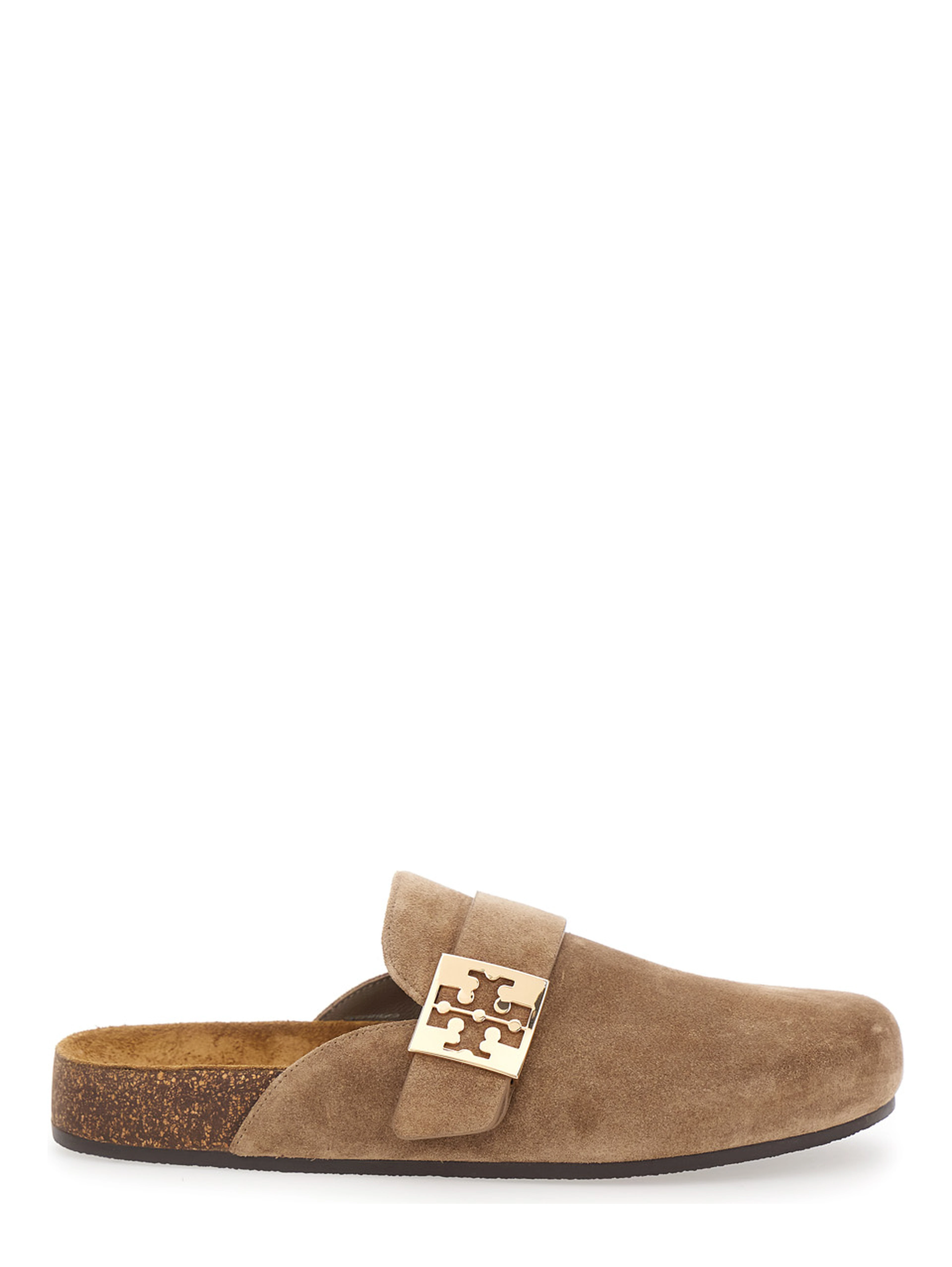 Mellow Beige Slip-On Mule with Metallic Logo Buckle in Suede Woman