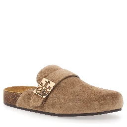 Mellow Beige Slip-On Mule with Metallic Logo Buckle in Suede Woman