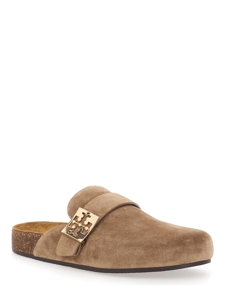 Mellow Beige Slip-On Mule with Metallic Logo Buckle in Suede Woman alternative