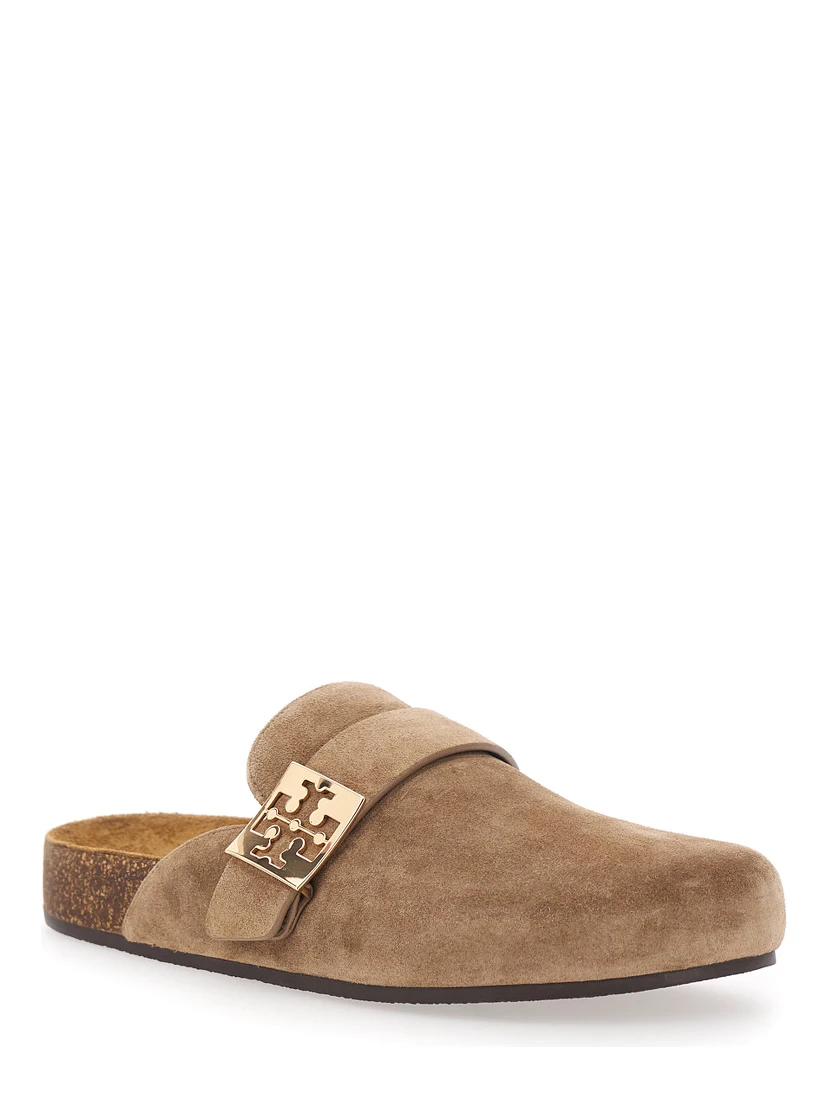 Mellow Beige Slip-On Mule with Metallic Logo Buckle in Suede Woman