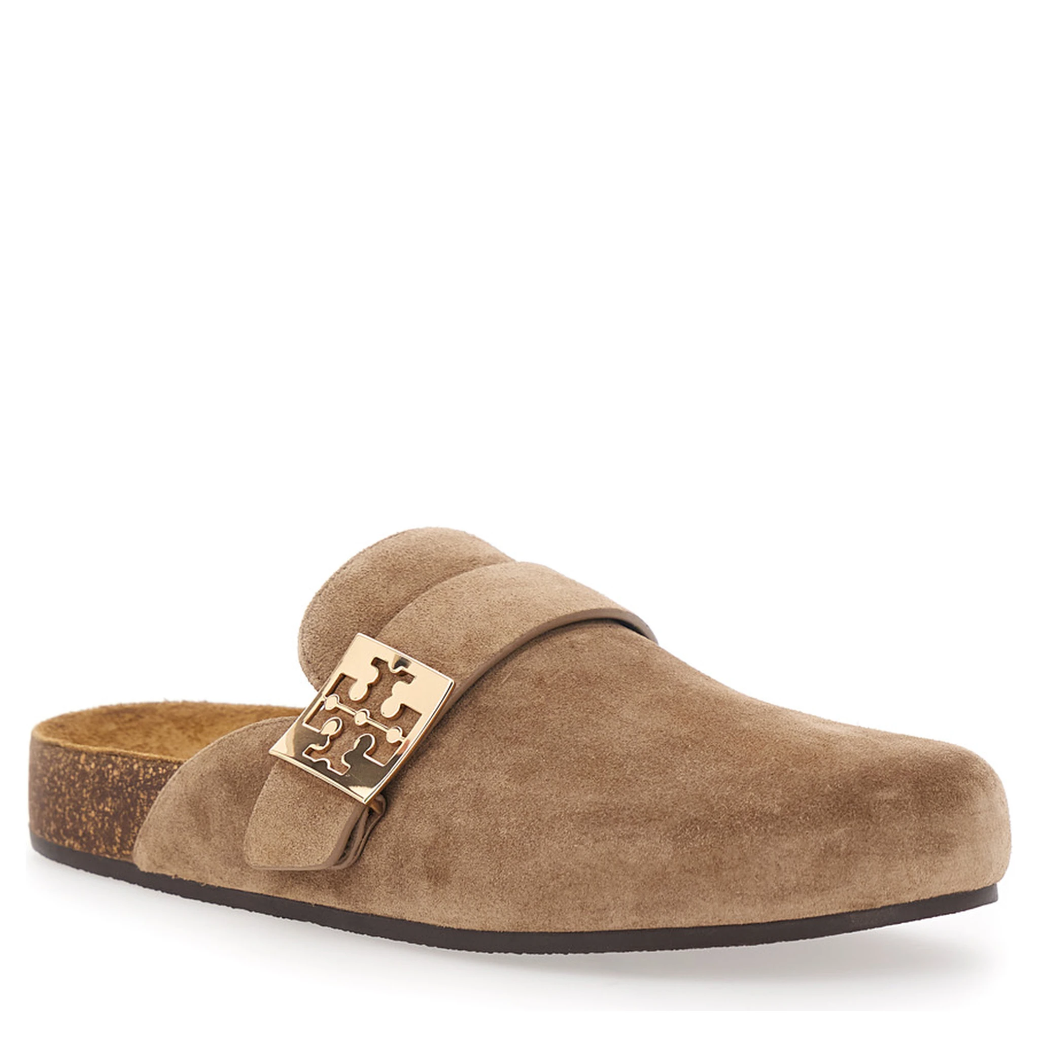 Mellow Beige Slip-On Mule with Metallic Logo Buckle in Suede Woman