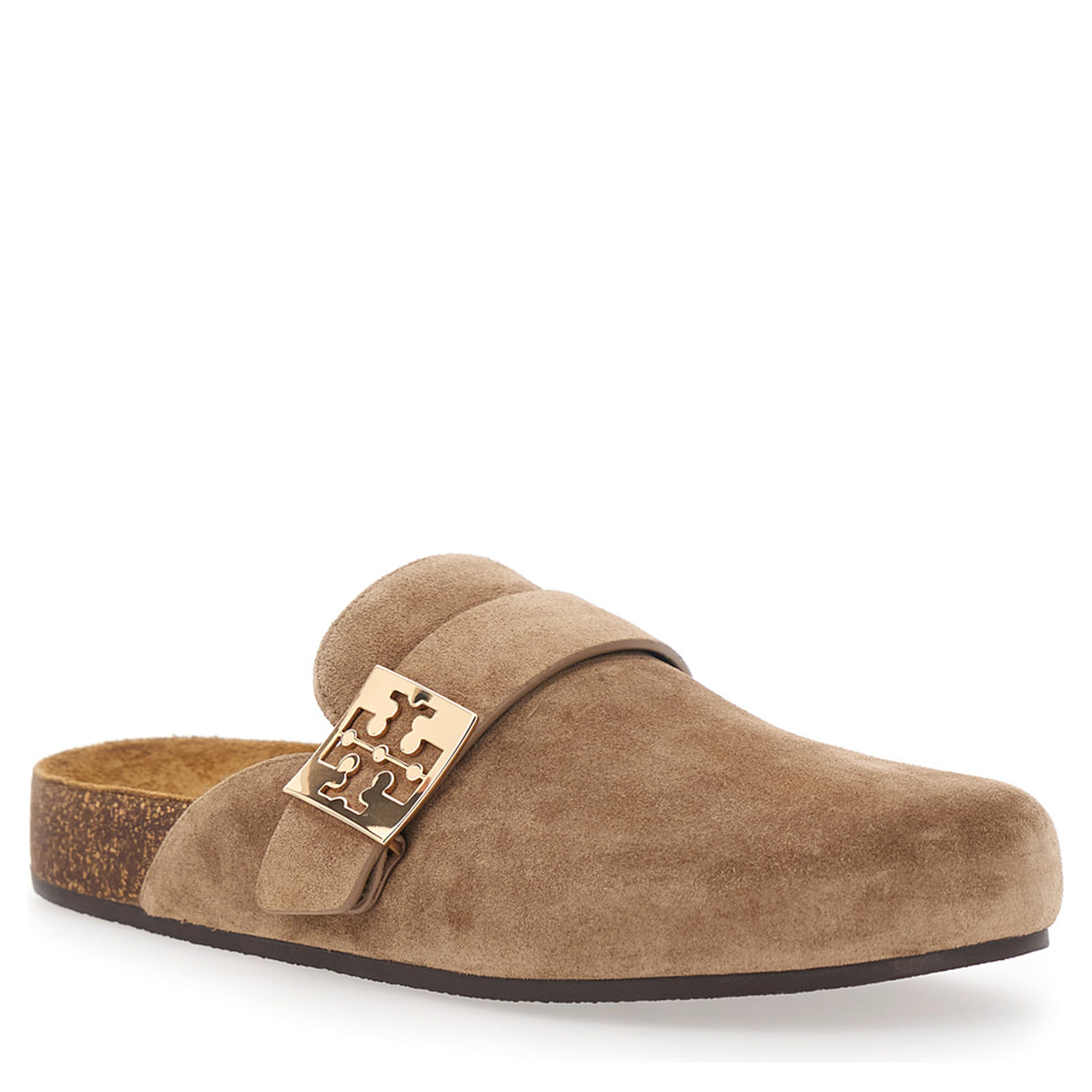 Mellow Beige Slip-On Mule with Metallic Logo Buckle in Suede Woman