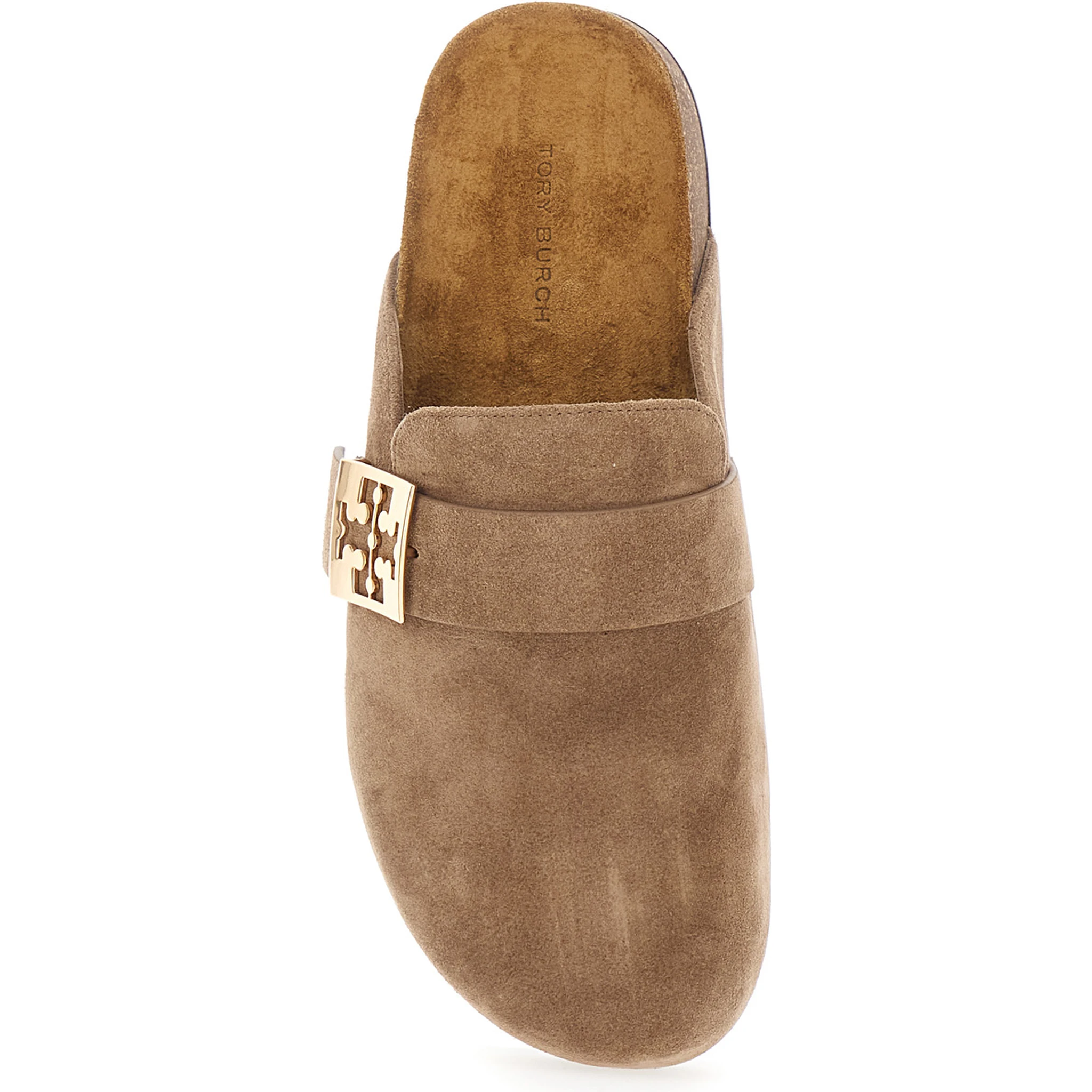 Mellow Beige Slip-On Mule with Metallic Logo Buckle in Suede Woman