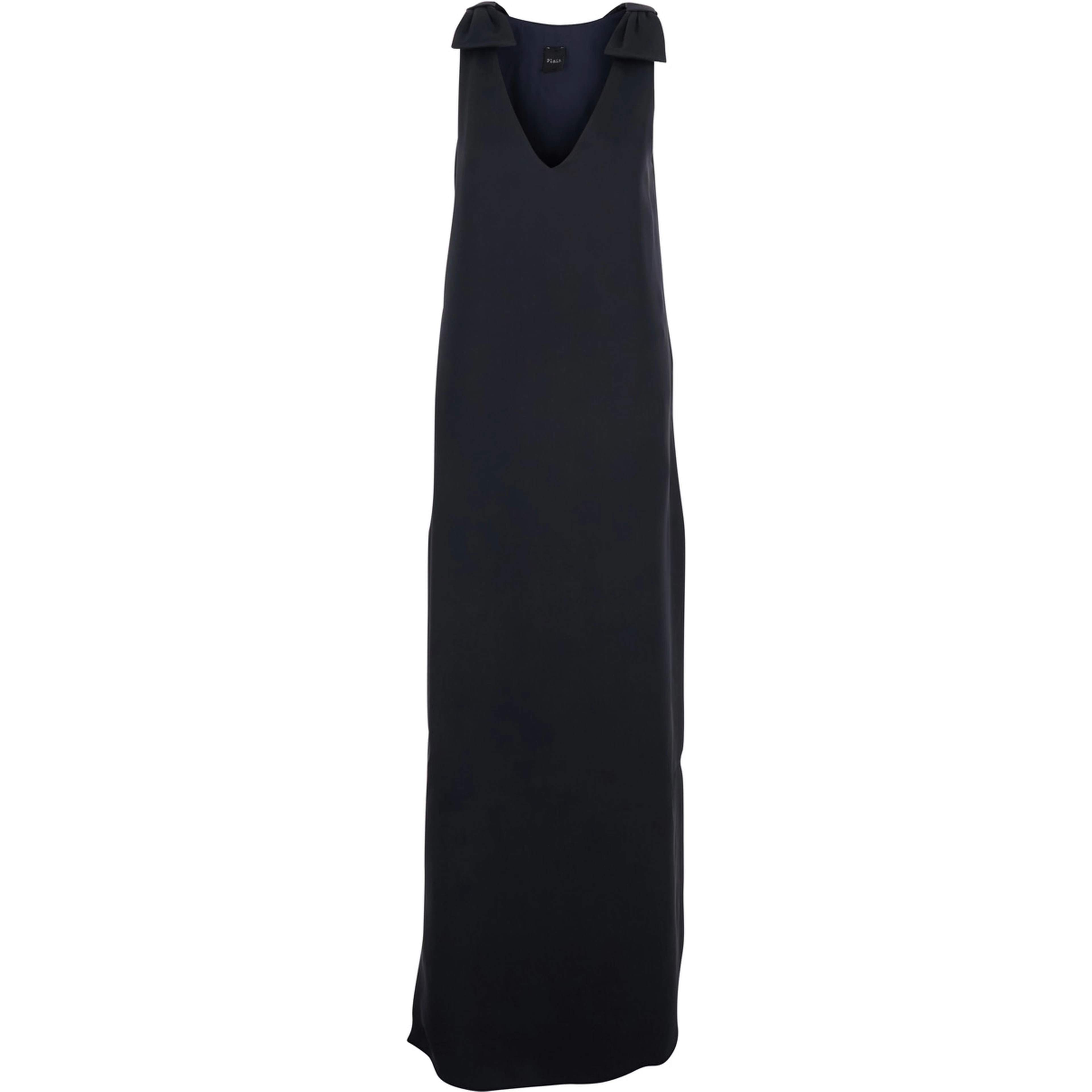 Dark Blue Long Sleeveless Dress with V-Neck in Fabric Woman