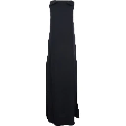 فستان طويل أزرق داكن بدون أكمام بياقة على شكل حرف V من قماش نسائي