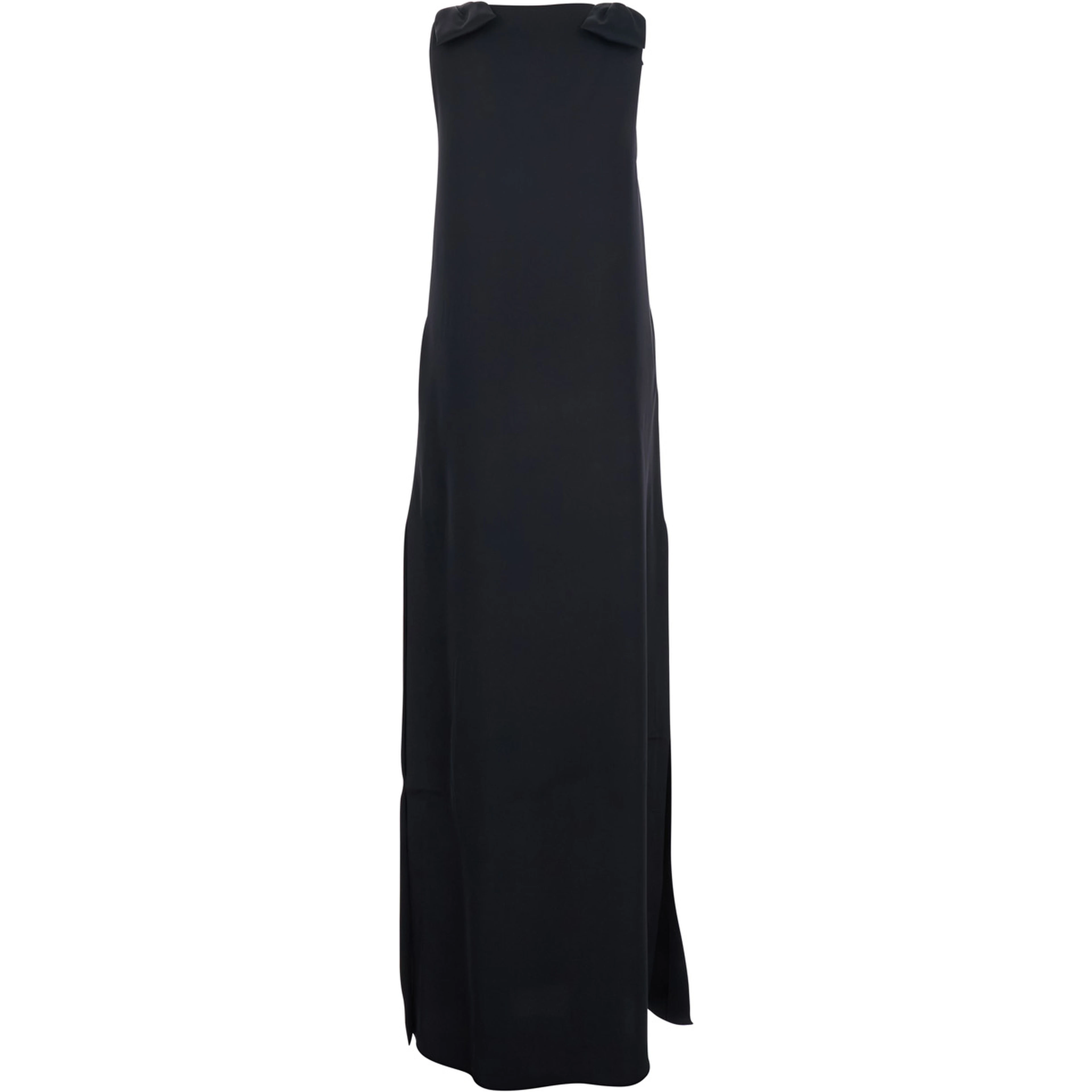 Dark Blue Long Sleeveless Dress with V-Neck in Fabric Woman