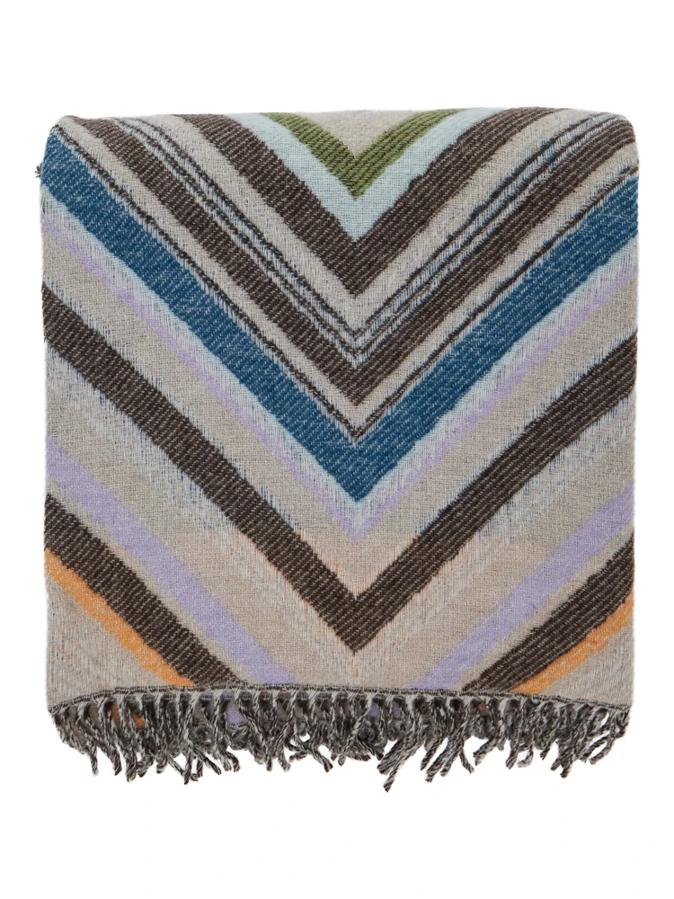 Chevron Multicolor Blanket with ZigZag Motif and Fringed Hem in Wool Blend Home