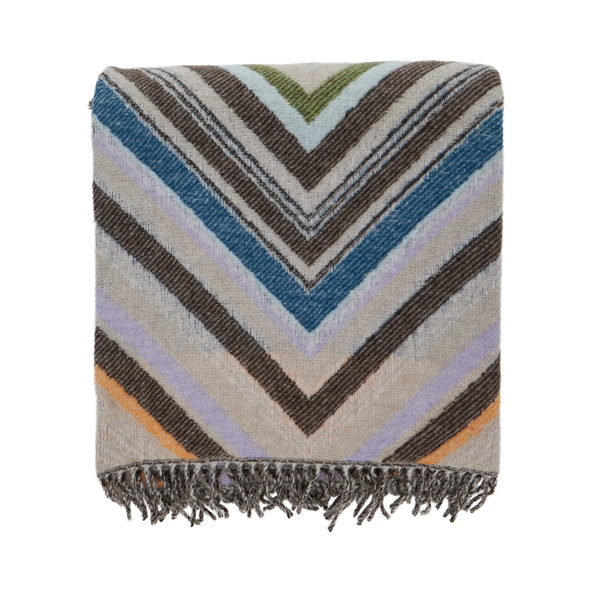 Chevron Multicolor Blanket with ZigZag Motif and Fringed Hem in Wool Blend Home