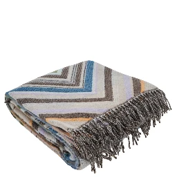 Chevron Multicolor Blanket with ZigZag Motif and Fringed Hem in Wool Blend Home