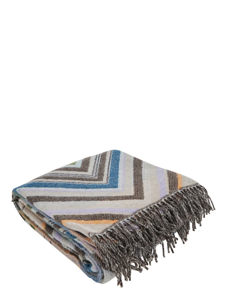 Chevron Multicolor Blanket with ZigZag Motif and Fringed Hem in Wool Blend Home alternative