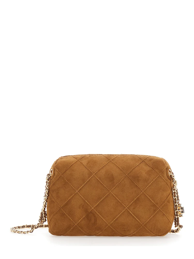 Fleming Brown Shoulder Bag with Chain Shoulder Strap and Logo Charm in Suede Woman