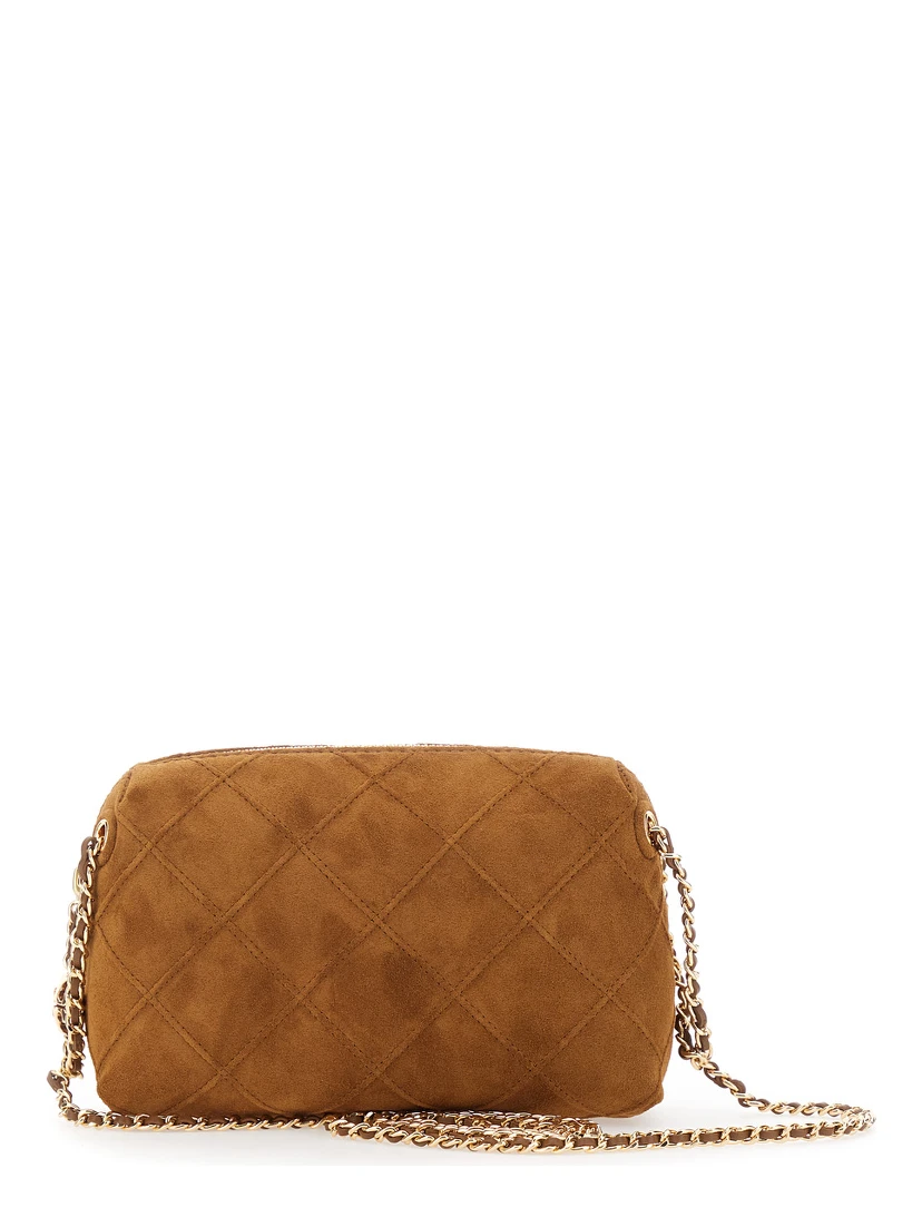 Fleming Brown Shoulder Bag with Chain Shoulder Strap and Logo Charm in Suede Woman