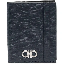 Blue Card Holder with Metallic Gancini Logo on the Front in Leather Man
