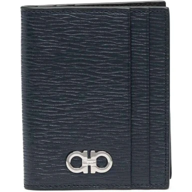 Blue Card Holder with Metallic Gancini Logo on the Front in Leather Man