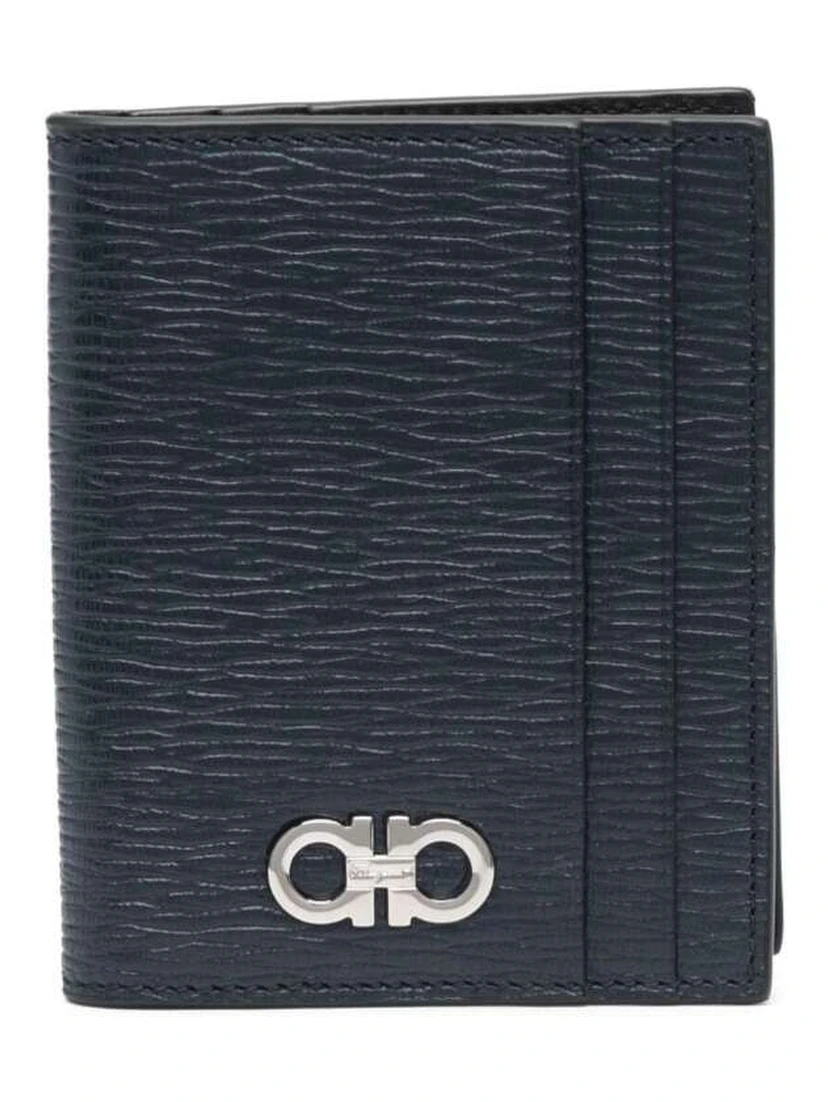 Blue Card Holder with Metallic Gancini Logo on the Front in Leather Man
