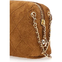 Fleming Brown Shoulder Bag with Chain Shoulder Strap and Logo Charm in Suede Woman