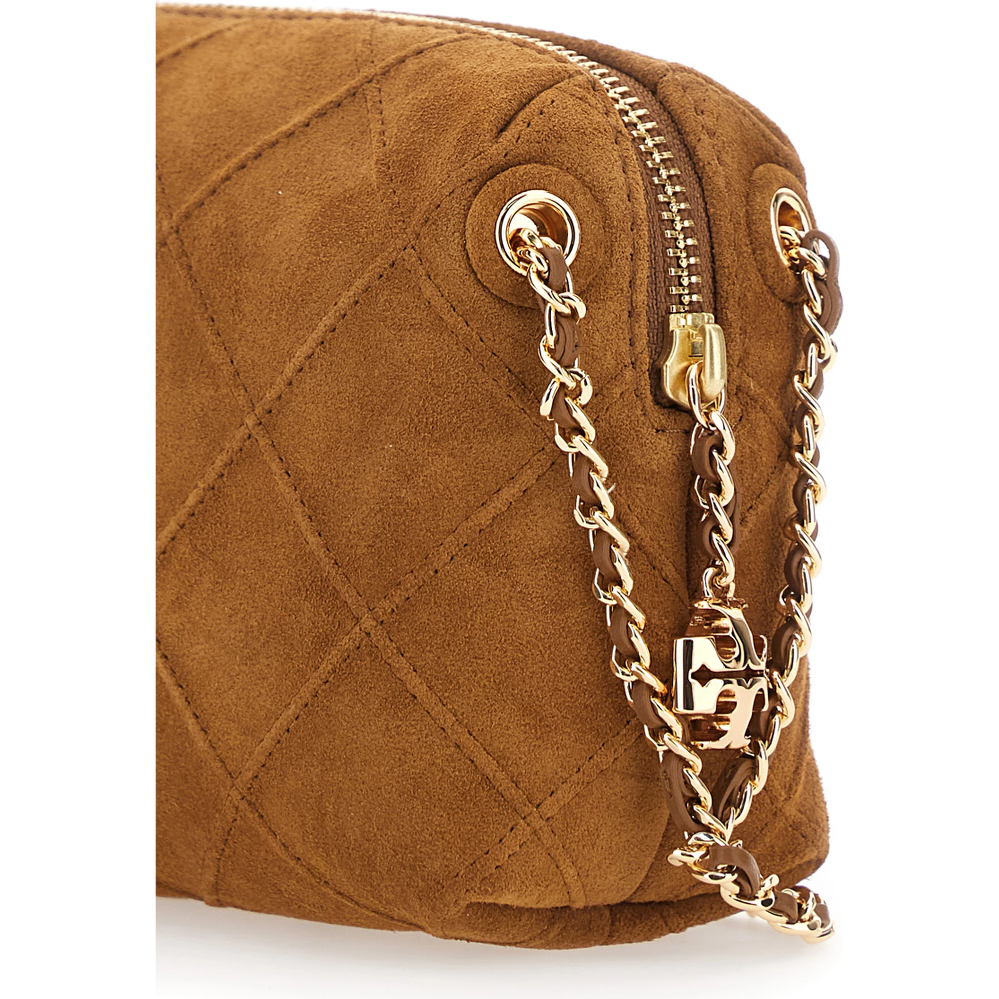 Fleming Brown Shoulder Bag with Chain Shoulder Strap and Logo Charm in Suede Woman