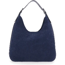 Nolita Large Blue Shoulder Bag with Logo Lettering on the Front in Suede Woman