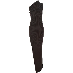 Athena Brown Ribbed Knit Sleeveless Asymmetric Long Dress with Wide Neckline in Viscose Blend Woman